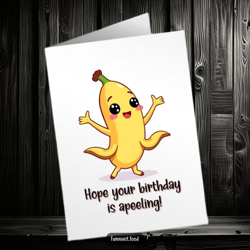 Funny free printable birthday card of a smiling banana character doing a silly dance with its peel legs stretched out, a downloadable gift.