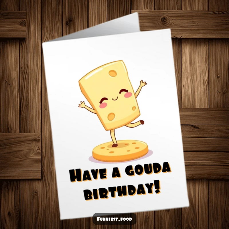 Funny Free Printable Birthday Card: Winking cheese wedge doing a graceful pirouette on a cracker, a delightful downloadable punny card.