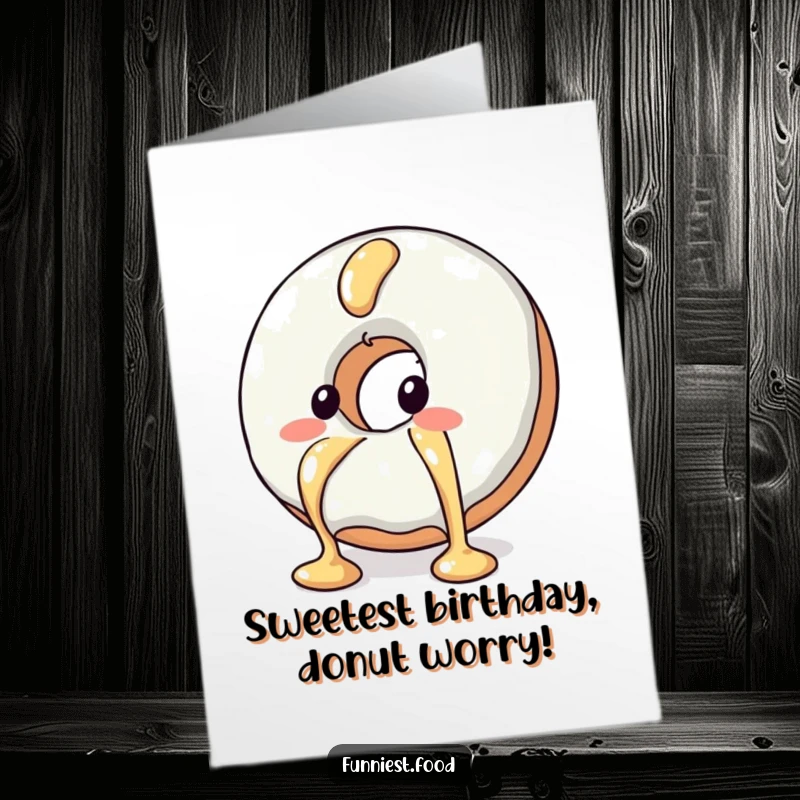 Funny Free Printable Birthday Card: Blushing donut character comically trying to escape a syrup drizzle.