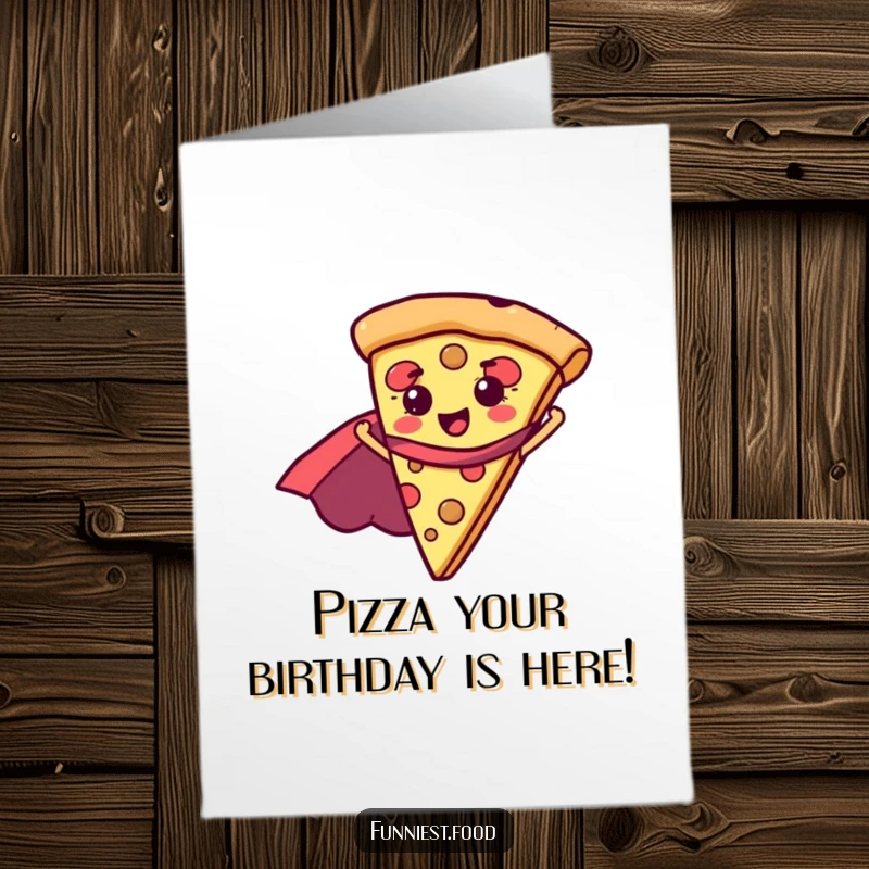 Funny Free Printable birthday card featuring a pizza slice with a red superhero cape flying into action.