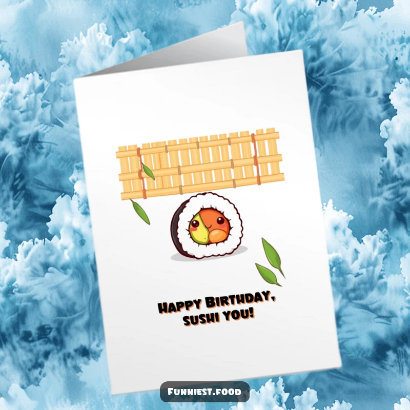 Funny Free Printable Birthday Card: A shy sushi roll peeking from behind a bamboo mat, wishing happy birthday.