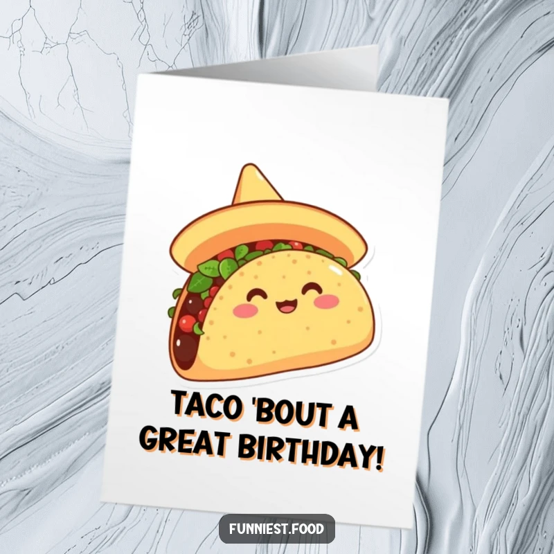 Funny free printable birthday card featuring an overjoyed taco wearing a sombrero, tipping it with excitement for a festive party.