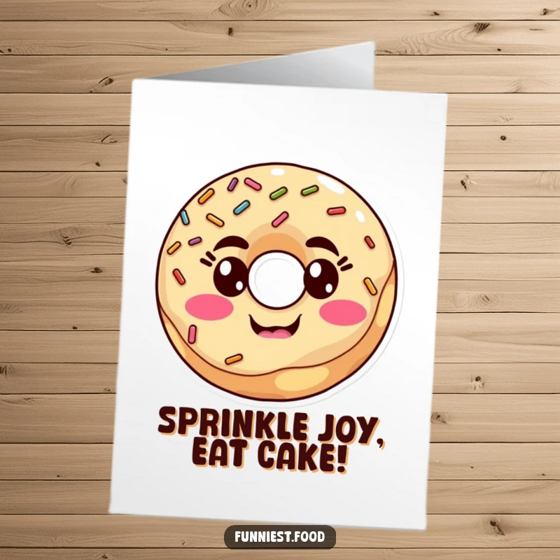 Funny Free Printable donut with sprinkles making a silly face on a birthday card, ready to download.