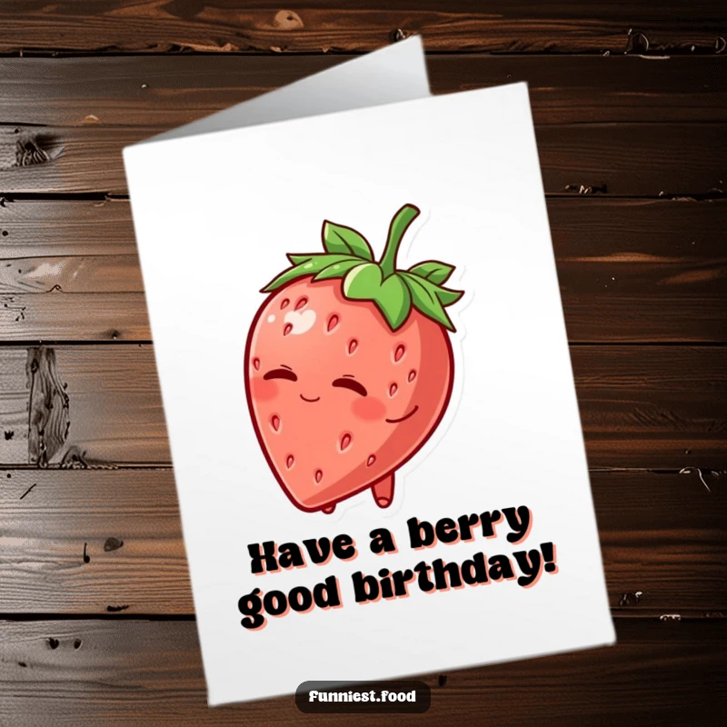 Funny Free Printable Birthday Card: A cheerful strawberry character tipping its leafy hat and giving a playful wink.