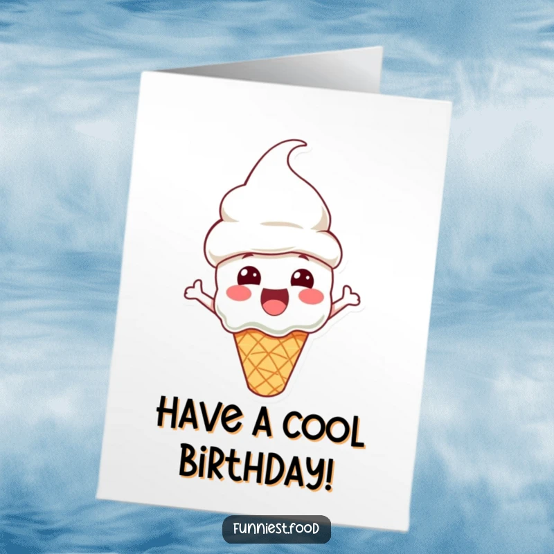 Funny Free Printable Birthday Card: An excited ice cream cone character wearing a festive cone hat, ready for birthday fun.