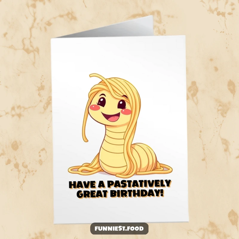 Funny free printable birthday card featuring a wiggly spaghetti worm character with a giant smile, ready to celebrate with cheesy humor.