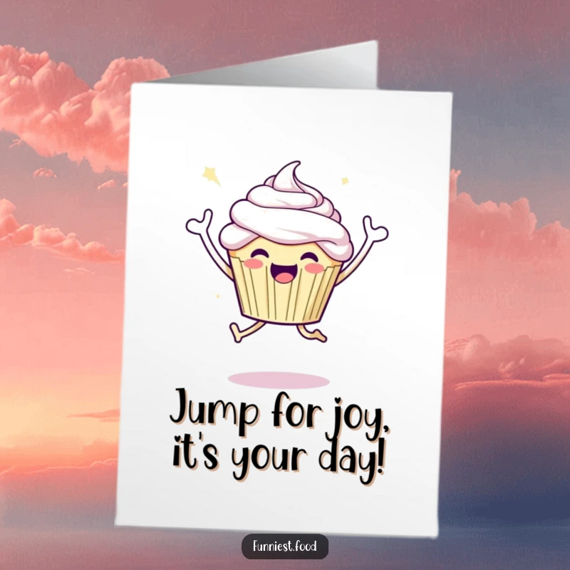 Funny Free Printable Birthday Card: Joyful cupcake character captured mid-air in a celebratory jump.