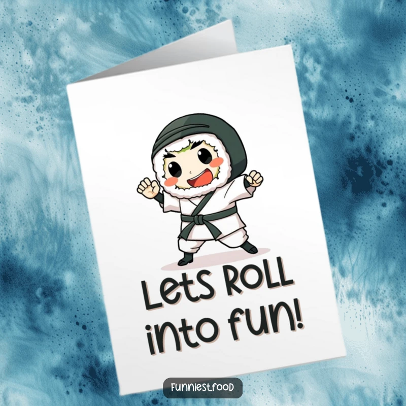 Funny Free Printable Birthday Card: A gleeful sushi roll performs a powerful karate chop, ready to party.