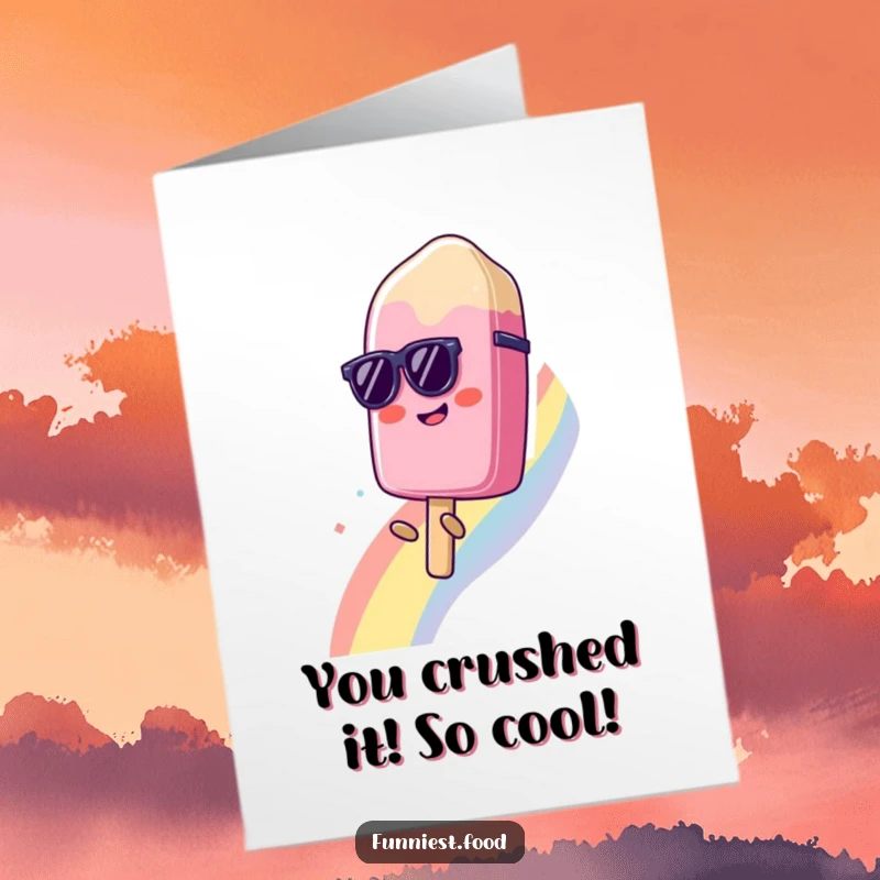 Free Printable Congratulations Card: Smiling popsicle with sunglasses slides down a rainbow, celebrating success with style.