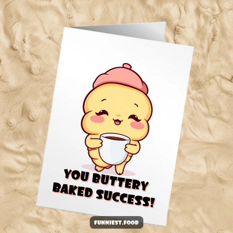 Funny Free Printable Congrats Card: A croissant in a beret sips coffee, celebrating an achievement with style.