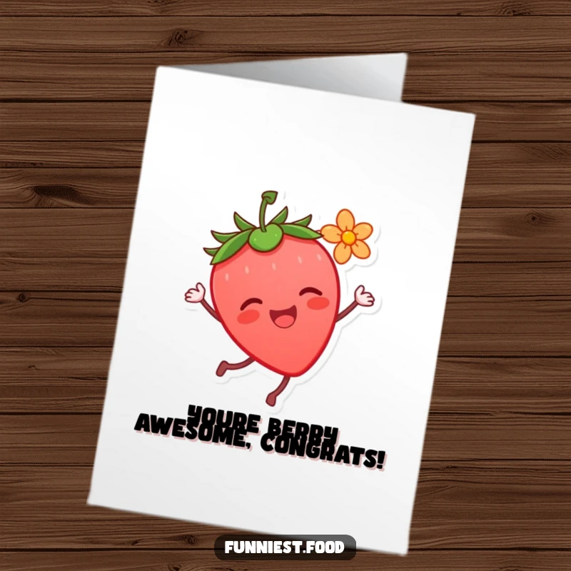 Funny Free Printable Congrats Card: A happy strawberry with a flower dances energetically, a fun greeting.