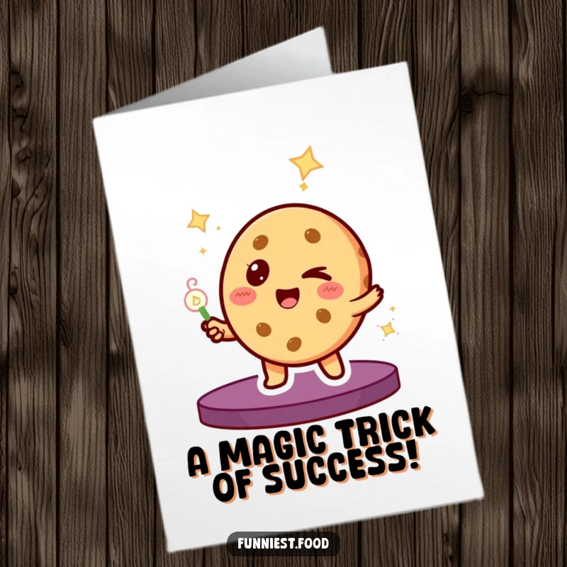 Funny Free Printable Congratulations Card: Winking cookie character pulling a surprise from a hat, signifying a great feat.