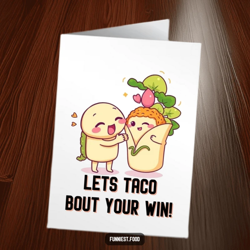 Funny Free Printable Congrats Card: A winking taco sings to a shy burrito, celebrating a happy occasion.