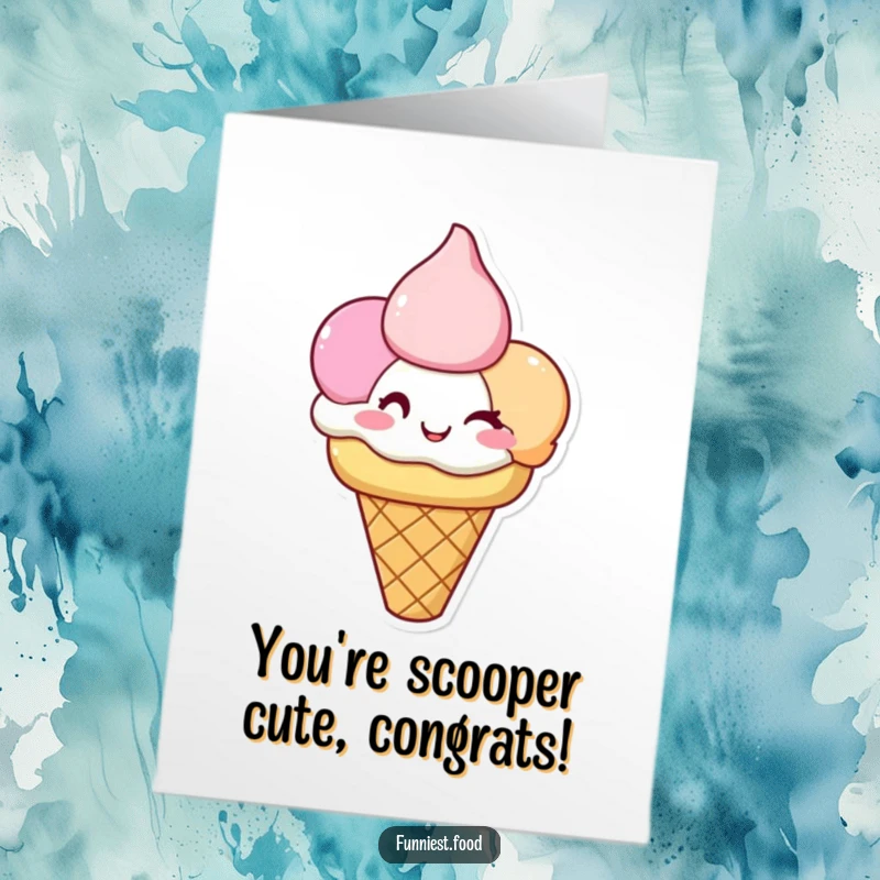 Funny Free Printable congratulations card featuring a happy ice cream cone with three scoops, all winking to celebrate success.