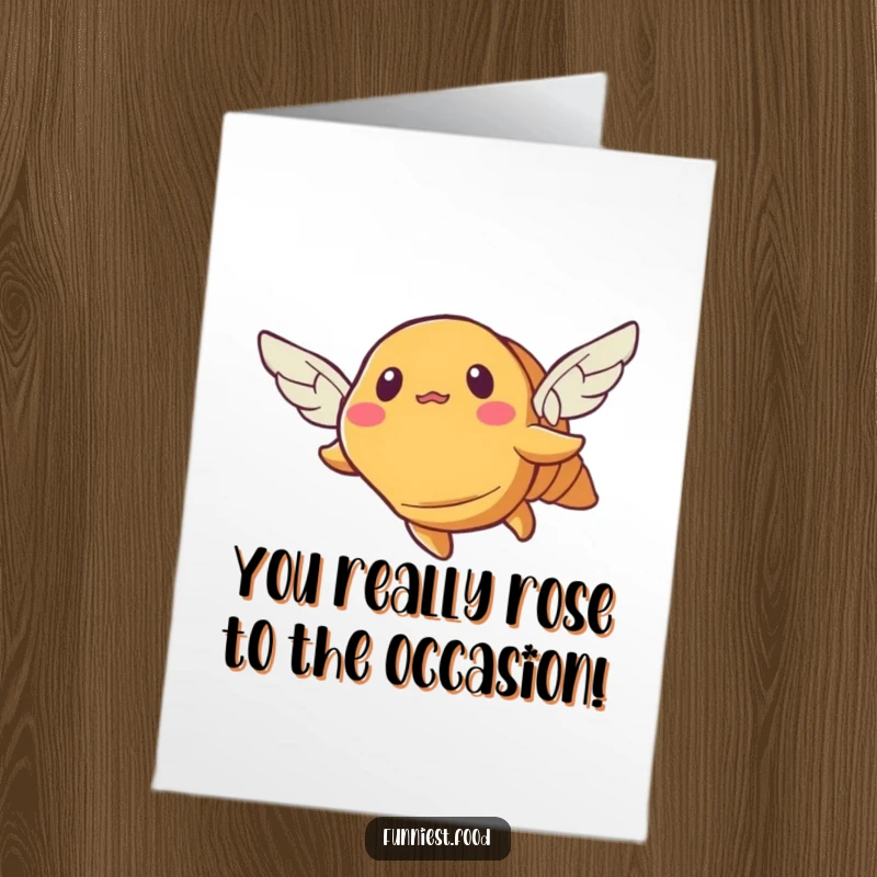 Funny Free Printable Congratulations Card: Bewildered croissant with small wings attempting flight, conveying surprise and achievement.