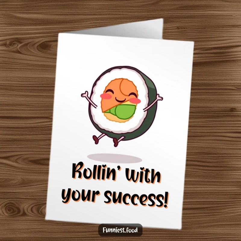 Funny free printable congratulations card of a smiling sushi roll character with small legs performing a cartwheel.