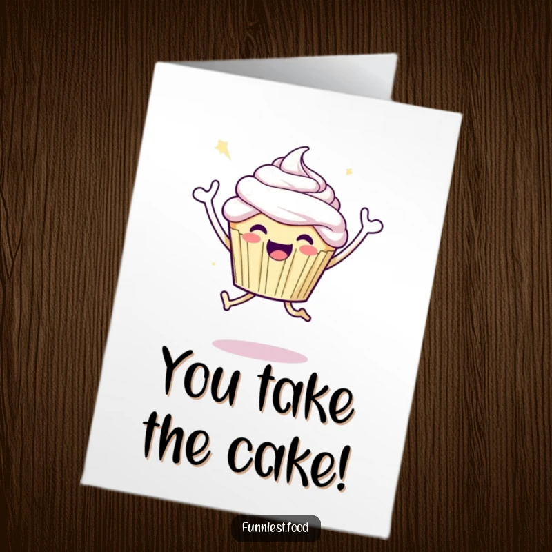Funny Free Printable Congratulations Card: Joyful cupcake character leaping in celebration, a moment of triumph.