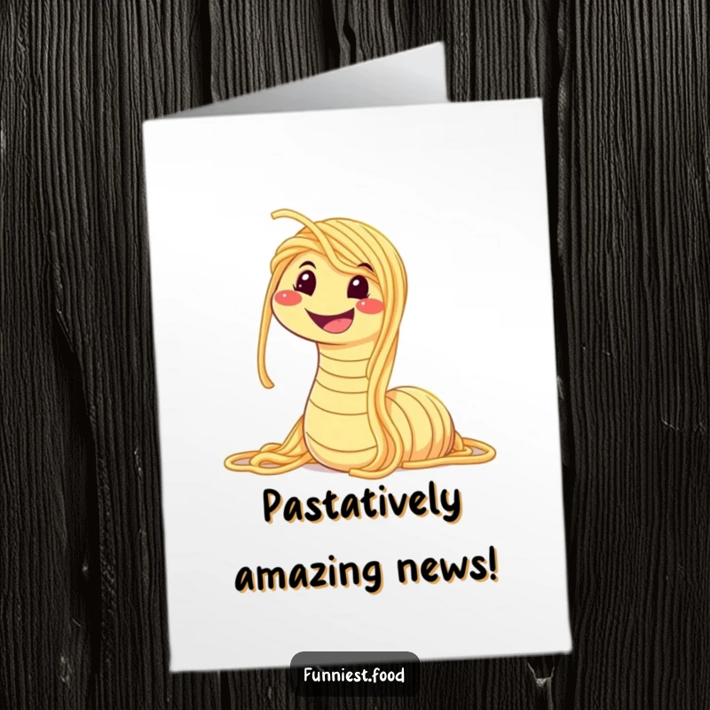 Funny free printable congratulations card showing a happy spaghetti worm, celebrating success with a wide, inviting smile.
