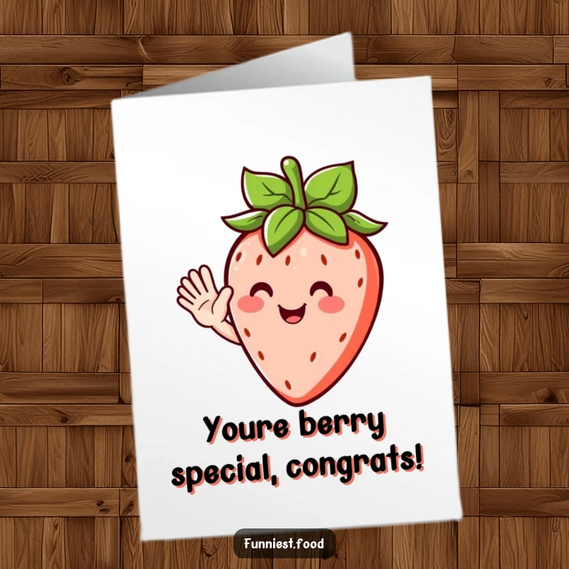 Funny Free Printable Congratulations Card featuring a smiling strawberry character happily waving, celebrating a success.
