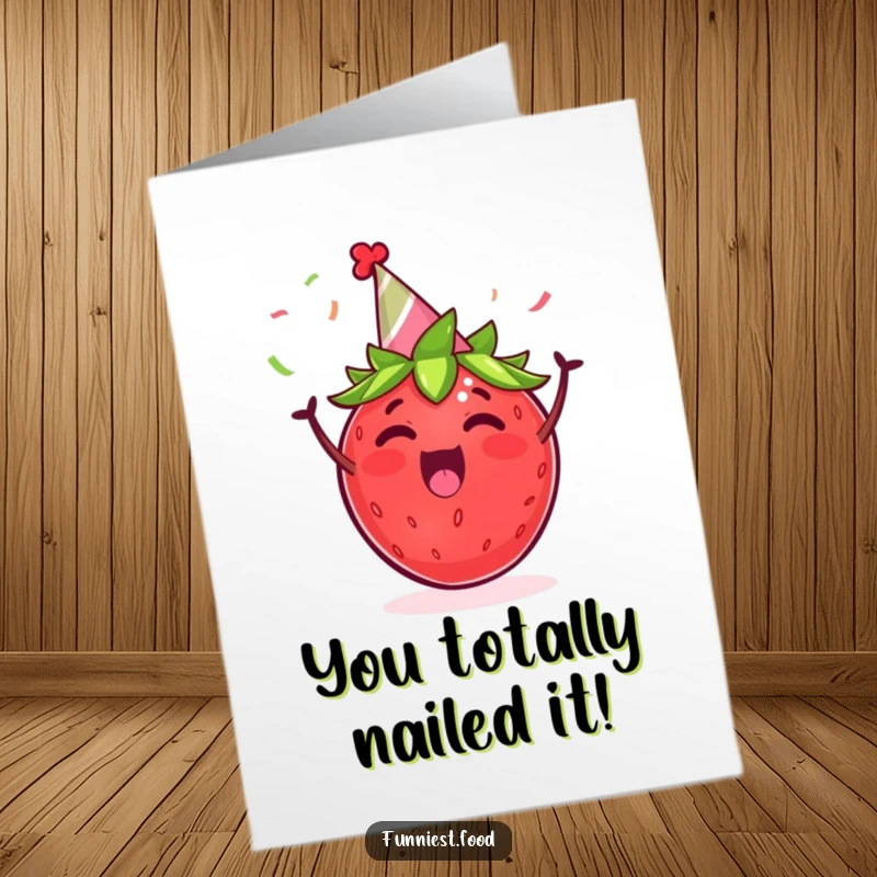 Funny Free Printable Congrats Card: Excited strawberry in a party hat, cheering with streamers, a delightful downloadable celebration.