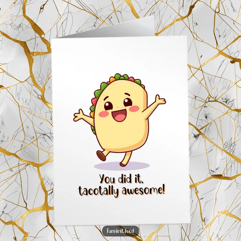 Funny Free Printable Congratulations Card: A delighted taco doing a joyous cartwheel celebrating a grand achievement.