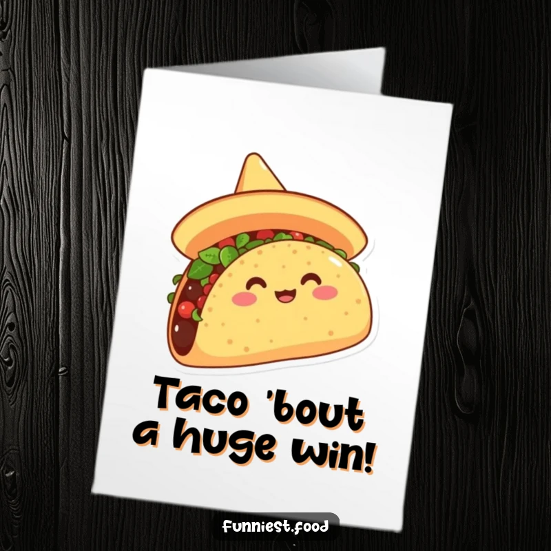 Funny free printable congratulations card showing a delighted taco in a sombrero, joyfully celebrating good news with a festive vibe.