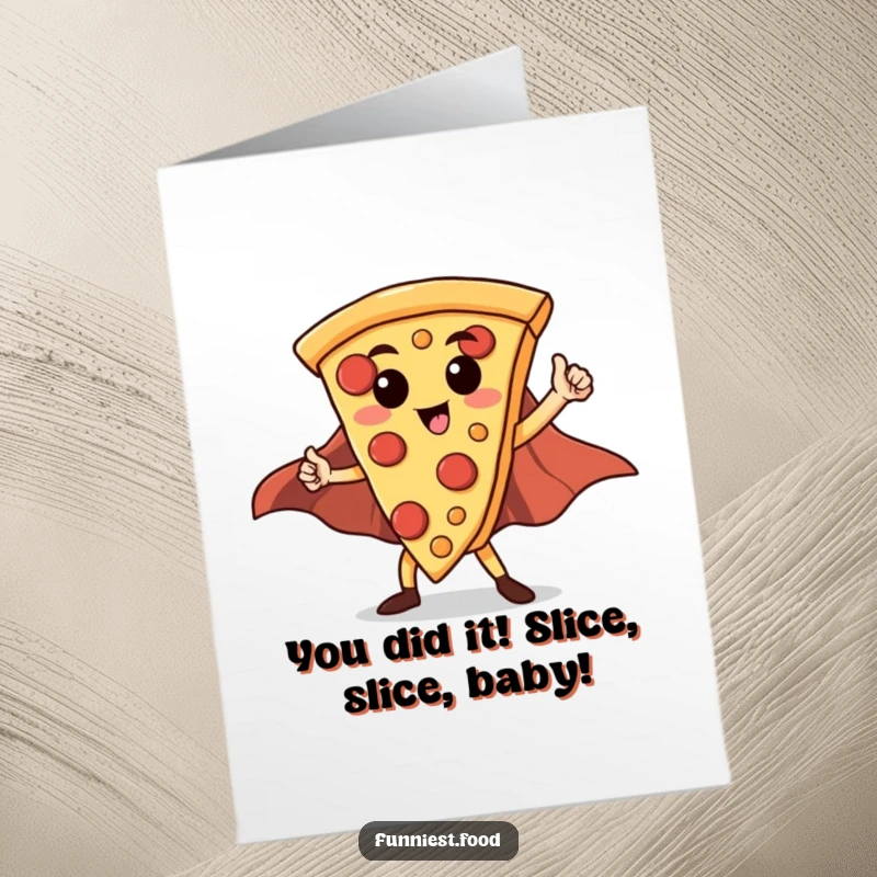 Funny Free Printable Congratulations Card showing a pizza slice flexing its superhero cape, ready to celebrate any victory with cheesy flair.