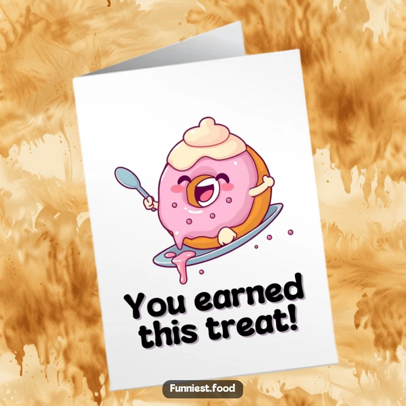 Funny Free Printable Congrats Card: Joyful donut surfing a spoon, frosting dripping, celebrating success.