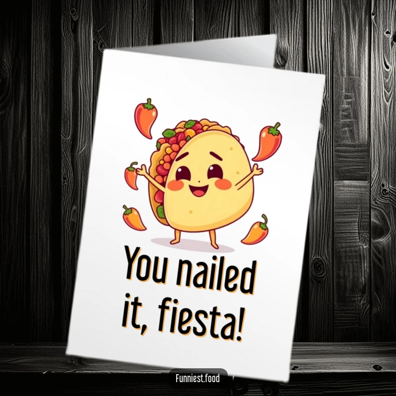 Funny Free Printable Congratulations Card: A determined taco juggling small hot peppers, celebrating a job well done.