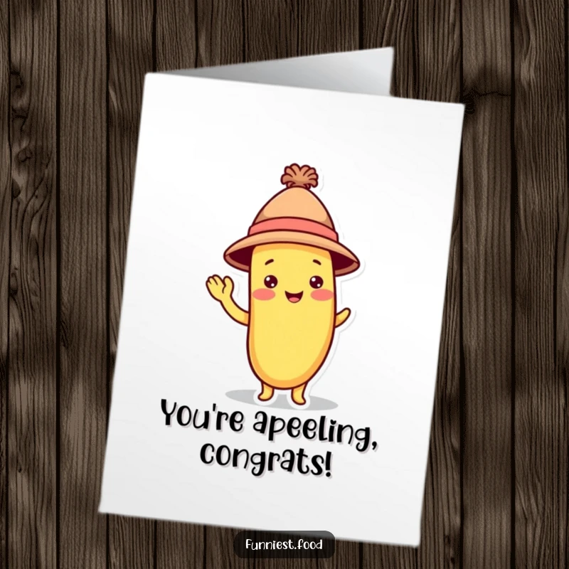 Funny Free Printable congratulations card featuring a silly banana character wearing a tiny hat and giving a comical wave.