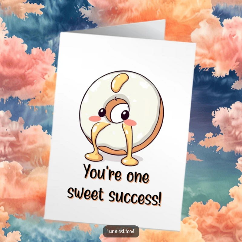 Funny Free Printable Congratulations Card: Blushing donut character dodging syrup, a cute celebration.