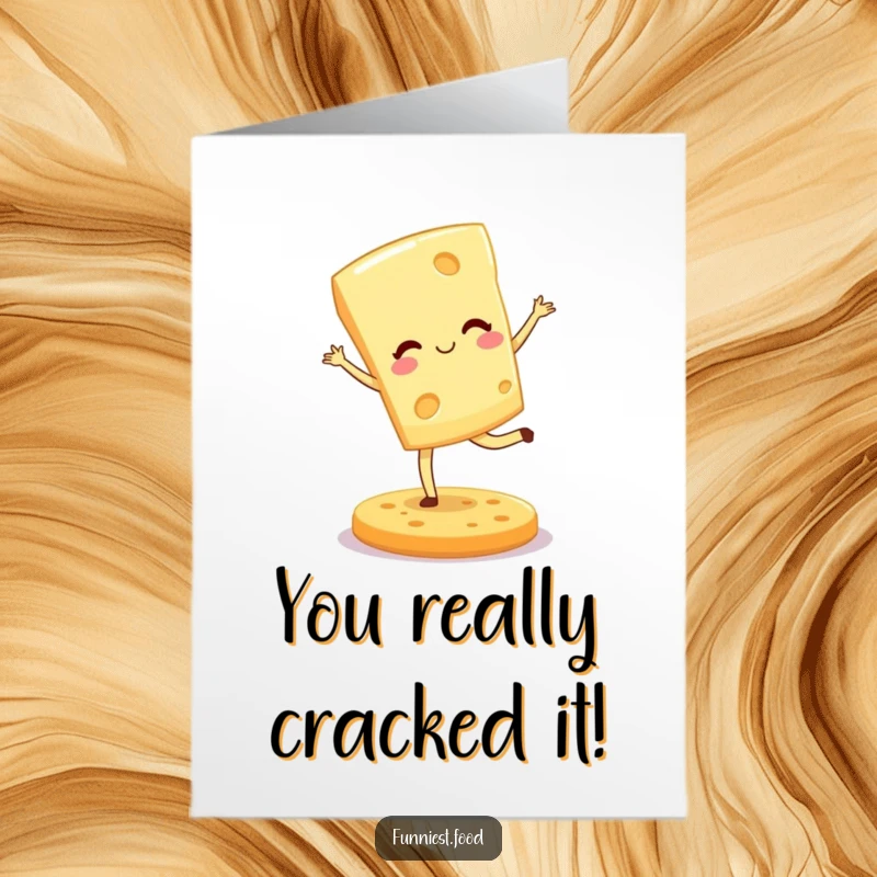 Funny Free Printable Congrats Card: Winking cheese wedge doing a graceful pirouette on a cracker, a celebratory downloadable message.