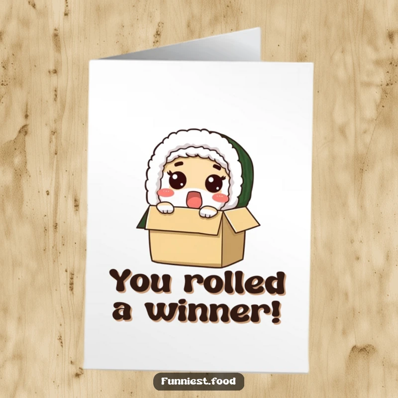 Funny Free Printable Congratulations Card: Surprised sushi roll peeking from box, a quirky way to celebrate.