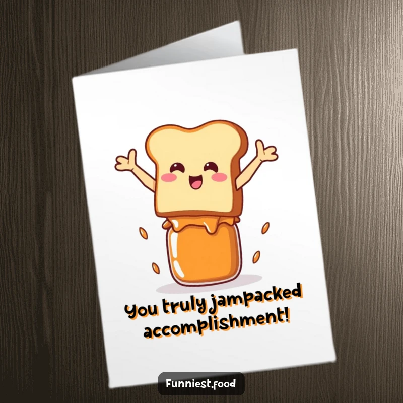 Funny Free Printable Congratulations Card: Toast character leaping over a jam jar, symbolizing a big accomplishment.