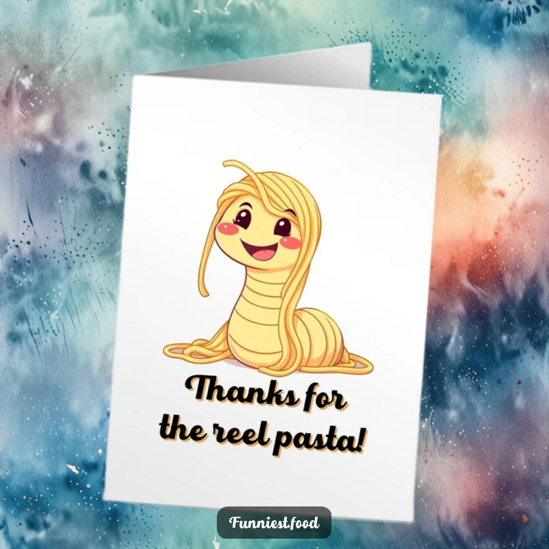Funny free printable thank you card featuring a smiling spaghetti worm, perfect for expressing gratitude with a humorous noodle twist.