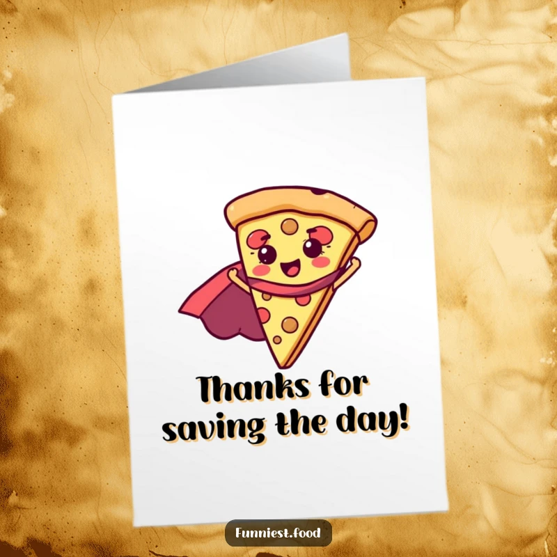 Funny Free Printable thank you card with a pizza slice wearing a superhero cape, ready to deliver thanks.