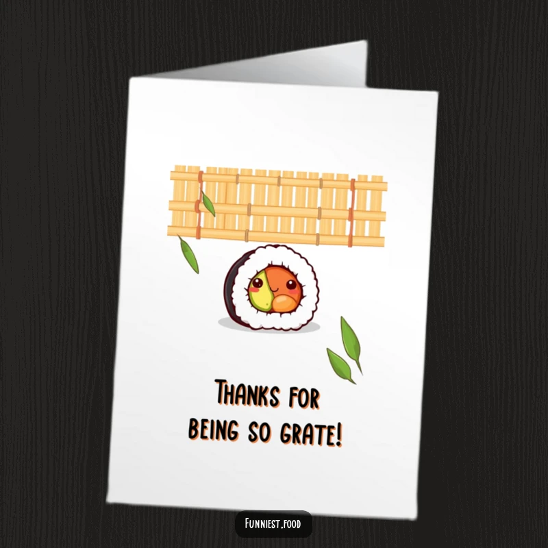 Funny Free Printable Thank You Card: A shy sushi roll peeking from behind its mat, offering thanks.