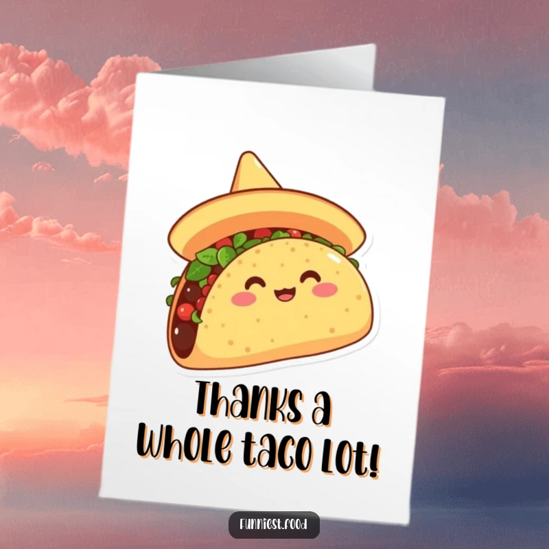 Funny free printable thank you card with a cheerful taco in a sombrero, expressing thanks with a festive and humorous twist.