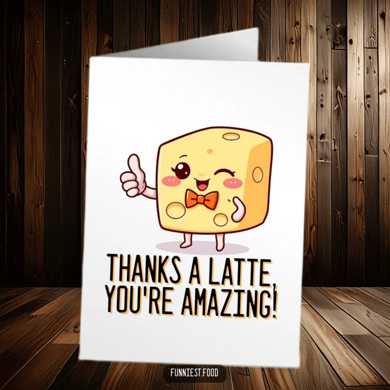 Funny Free Printable Thank You Card: A winking piece of cheese with a bow tie gives a thumbs up, expressing thanks.
