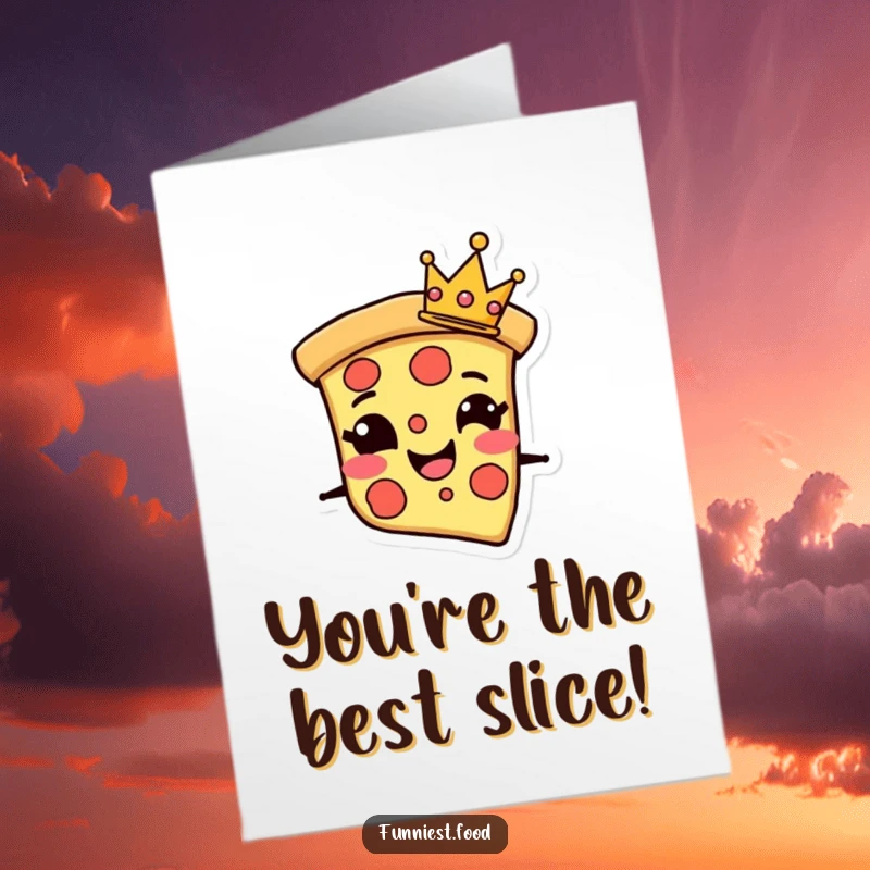 Funny Free Printable Thank You Card: A grinning pizza slice character wearing a tiny crown, conveying thankful appreciation with a smile.