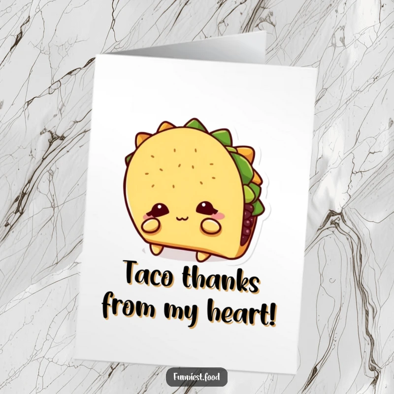Funny Free Printable Thank You Card: Shy taco character hiding behind its shadow, offering a shy but heartfelt thank you.