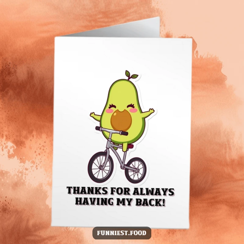 Funny free printable thank you card featuring a winking avocado precariously balancing on a unicycle, perfect for a funny gift.