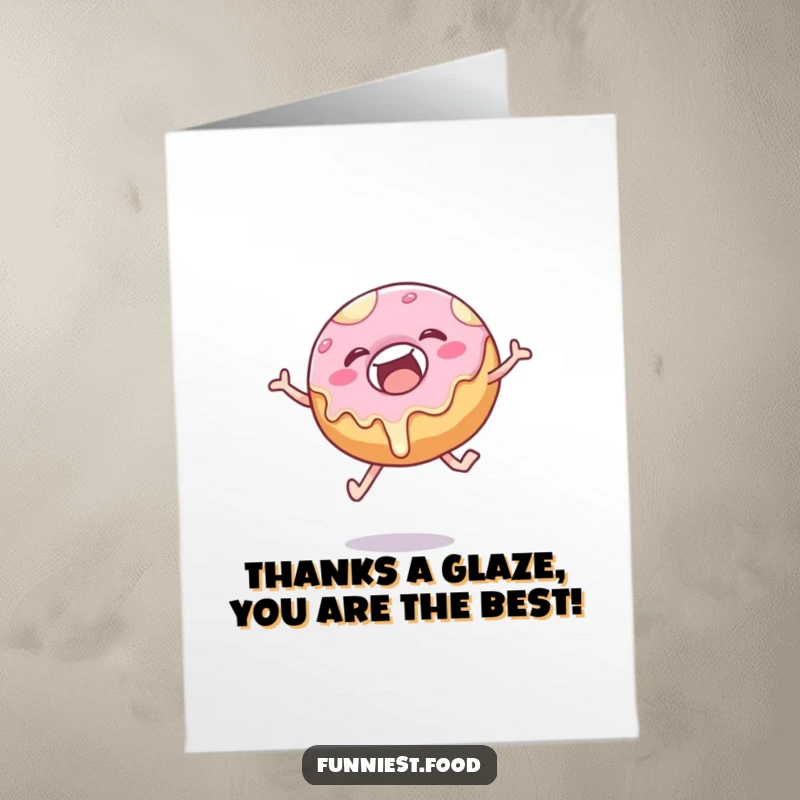 Funny Free Printable Thank You Card featuring a delighted donut mid-leap, frosting dripping, expressing sincere gratitude.