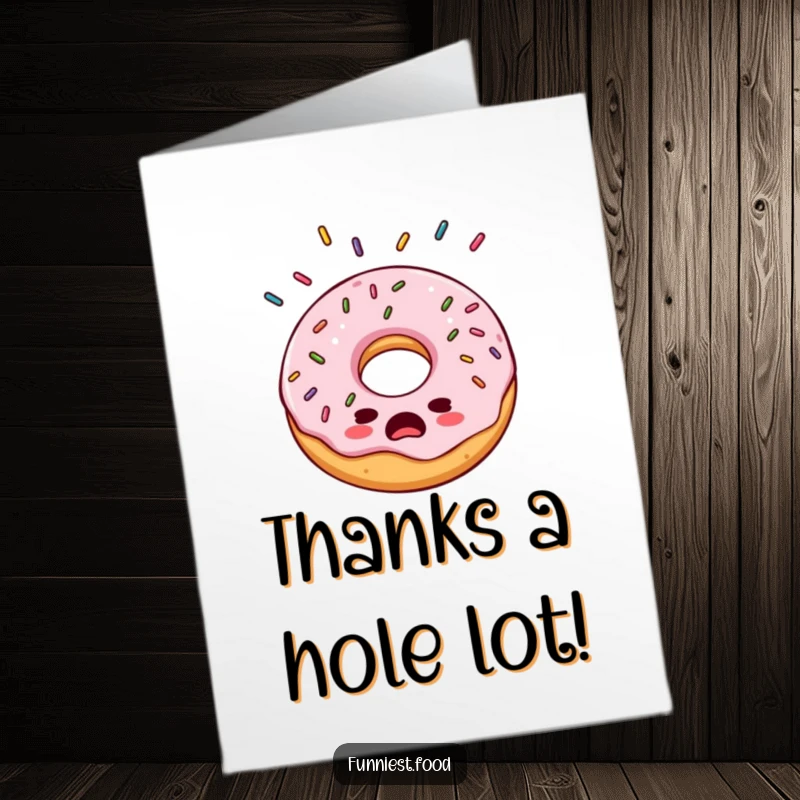 Funny free printable thank you card depicting a bewildered donut caught in a downpour of sprinkles, expressing thanks humorously.