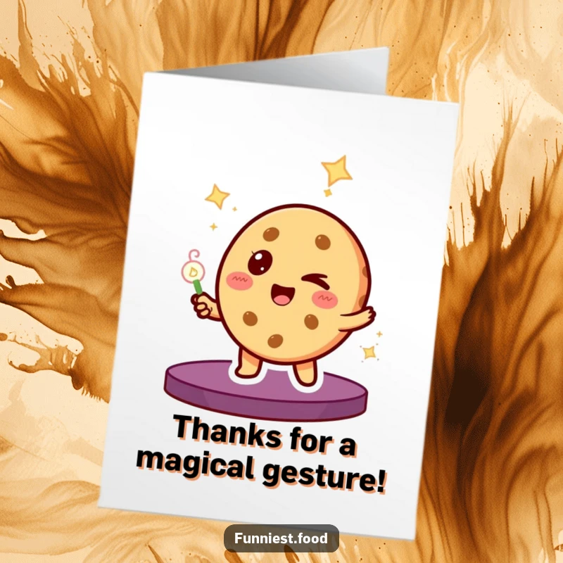 Funny Free Printable Thank You Card: Winking cookie character performing a delightful magic trick, conveying thanks with charm.