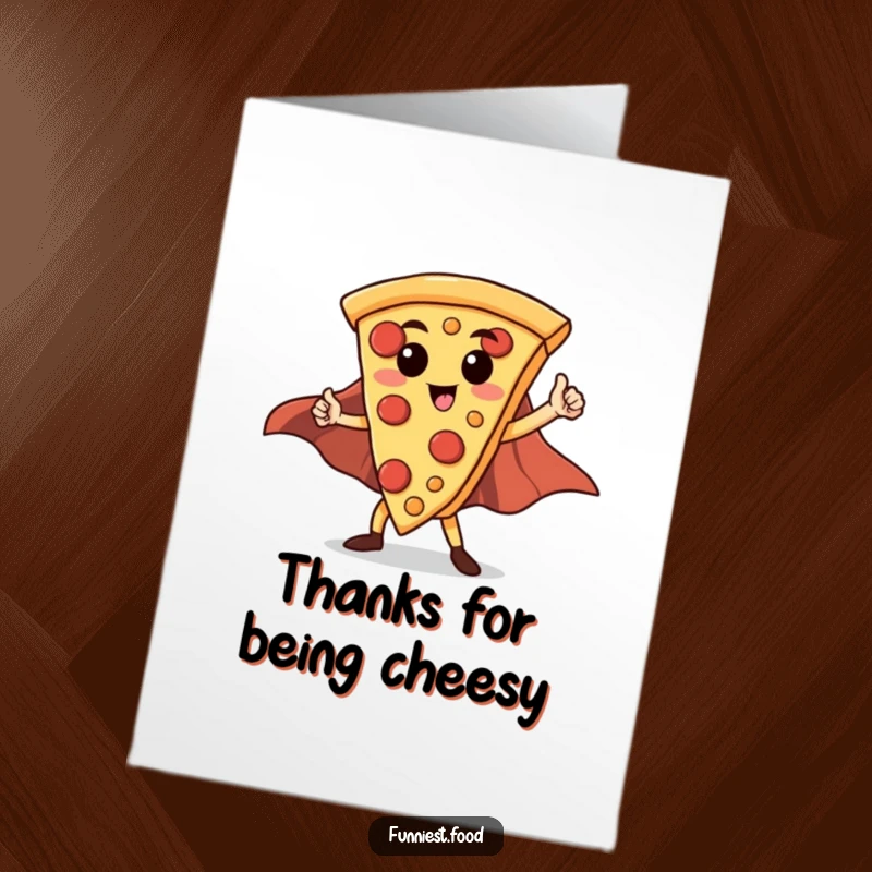 Funny Free Printable Thank You Card with a caped pizza slice hero striking a triumphant pose, perfect for cheesy gratitude.