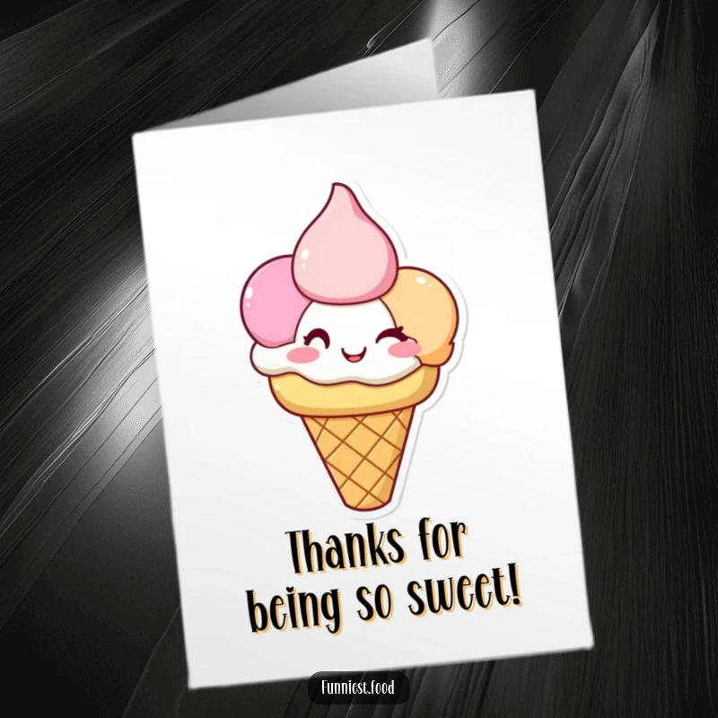 Funny Free Printable thank you card featuring a happy ice cream cone with three scoops, all winking to express sweet gratitude.