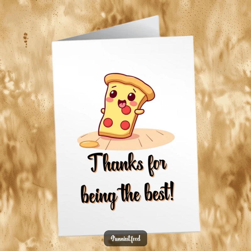 Funny Free Printable Thank You Card: a giggling pizza slice sliding across a floor with thanks.