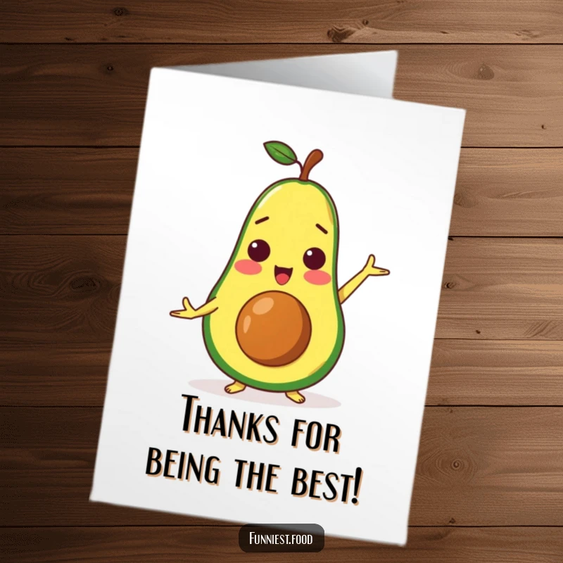 Funny Free Printable Thank You Card: Surprised avocado character holding a challenging yoga pose, expressing thanks.