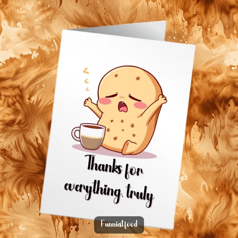 Funny Free Printable Thank You Card: A sleepy bagel stretches with a coffee cup, expressing thanks with relaxation.